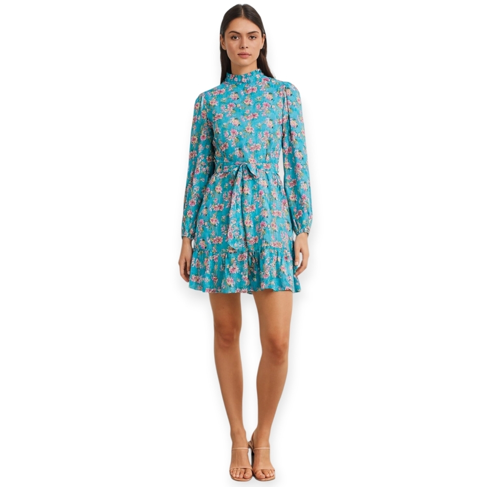 Innocence Blue Floral High Ruffle Collar and Hem Tie‎ Waist Dress